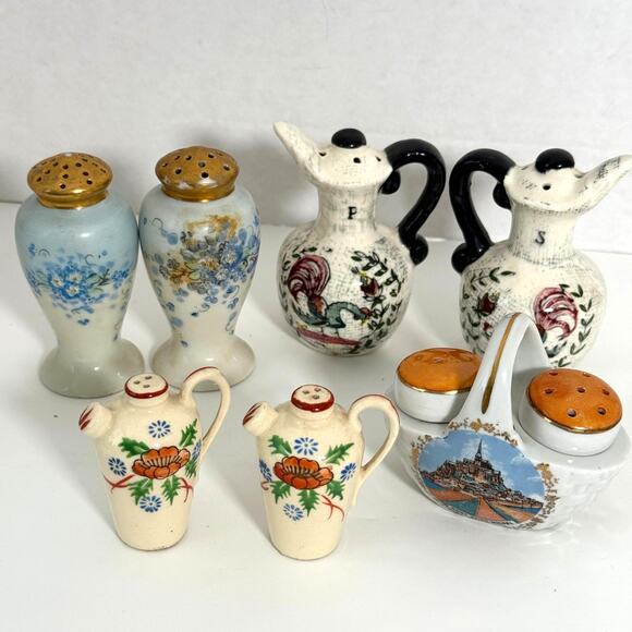 Vintage 4 Sets Salt & Pepper Shaker Ceramic Urn Basket Jugs Floral Mont Michel - Picture 7 of 8